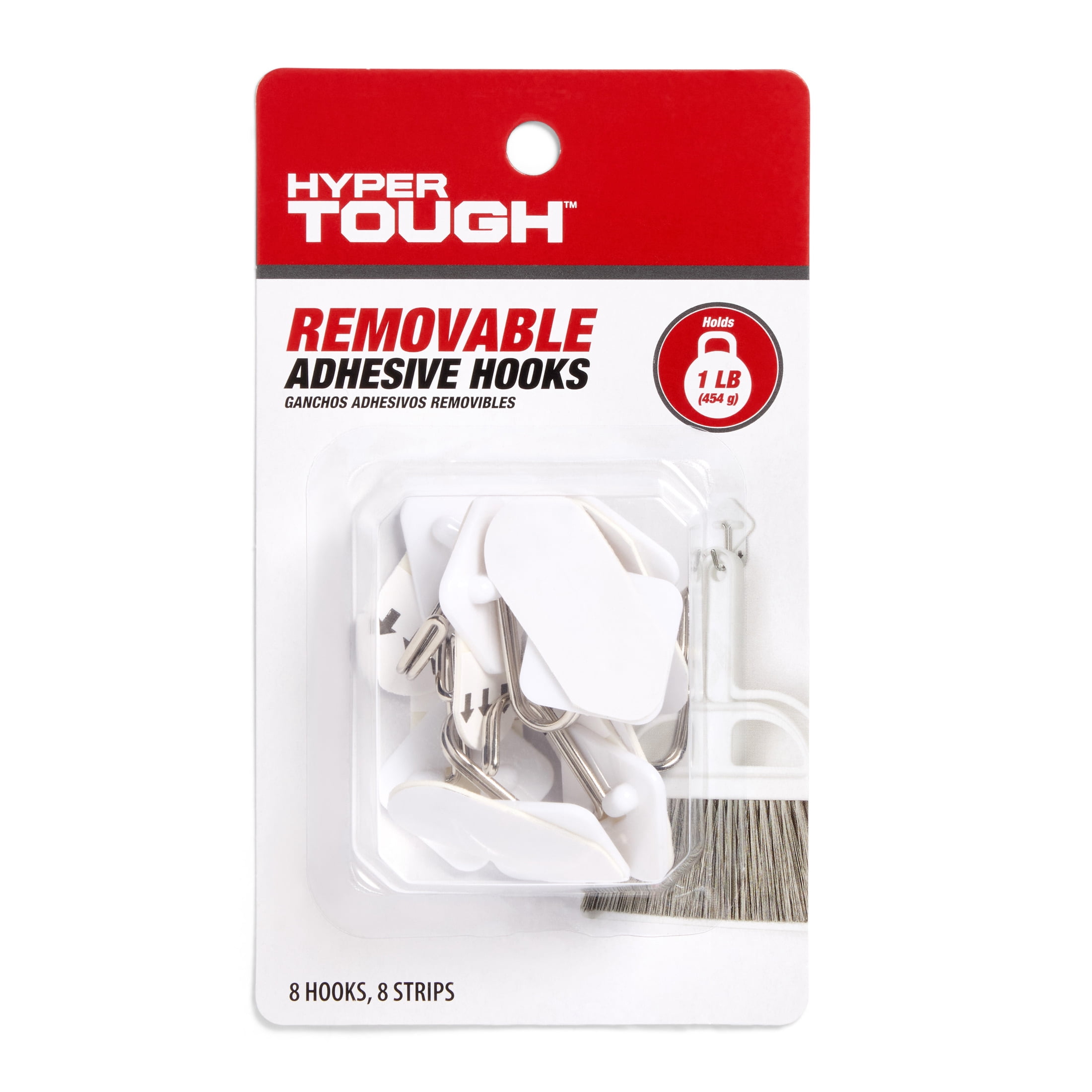 (2 pack) Hyper Tough Medium Removable Hinged Hooks, Oval Plastic Hooks for Hanging Keys, with 2 Strips, 1 lb Capacity, White, 8 Pc