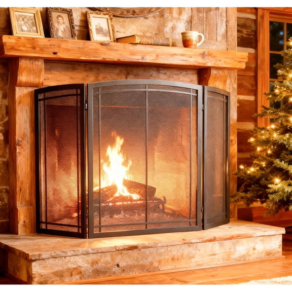 Fireplace Screen 3 Panel Wrought Iron Black Metal 48"(L) x30(H) Spark Guard Cover (Modern)
