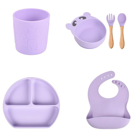 

Dasbsug 6 Pcs Baby Silicone Bib Divided Dinner Plate Sucker Bowl Spoon Fork Cup Set Training Feeding Food Utensil Dishes Tableware Kit for Newborn Toddlers Infants Dinnerware