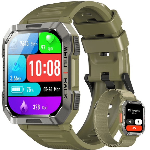 LUOMATE 2.01" Military Smartwatch for Men, 900mAh Fitness Tracker with Answer/Make Calls, 100  Sport Modes, IP68 Waterproof, Pedometer, Compatible with Android & iPhone (Green)