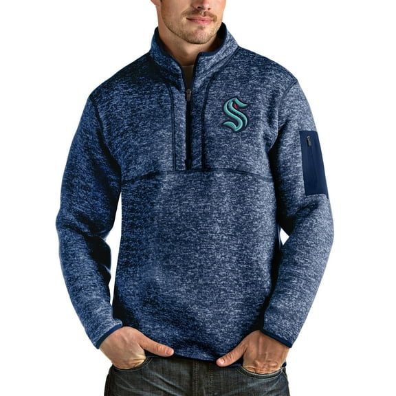 Men's Antigua Heather Deep Sea Blue Seattle Kraken Fortune Half-Zip Pullover Jacket