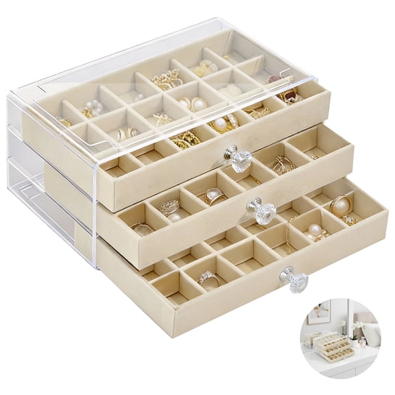 Clear Acrylic 3-Layer Velvet Jewelry Display Case, Earring and Jewelry Organizer with 54 Compartments, Beige Storage Box with Knob Handles, Transparent Top for Easy Viewing, 9.3 x 5.3 x 4.1 in​