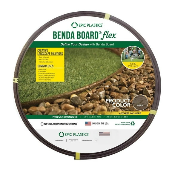 Plastic Bender Board Set 3.3” x 16 ft (Teak) – Includes 4 Stakes – Garden & Landscape Edging for Lawns, Paths & Borders (1 Pack)