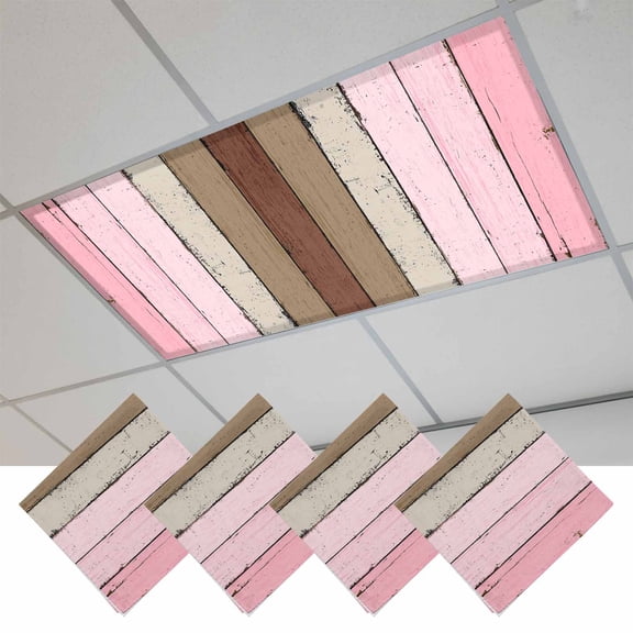 Pink Wood Grain Fluorescent Light Covers, Brown Vintage Mottled Country Stripes Magnetic Light Covers for Ceiling Lights, Fluorescent Ceiling Shade Filters for Classroom Bedroom Office 4x2Ft x 4PCS