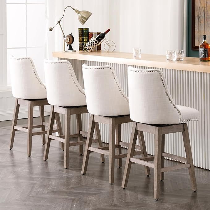 Guyou 27.5"Counter Height Bar Stools Set of 6, Nailhead Trim Linen Barstools with Back and Wood Legs, 360°Swivel Upholstered Stool Chairs for Kitchen Island Breakfast Bar Restaurant, Cream