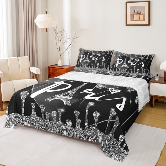 Manfei Paris Eiffel Tower Twin Sheet Sets, Black Diamond Sequin Print Twin Fitted Sheet, Romantic Princess Style Flat Sheet, Breathable Home Decor, 3-Piece