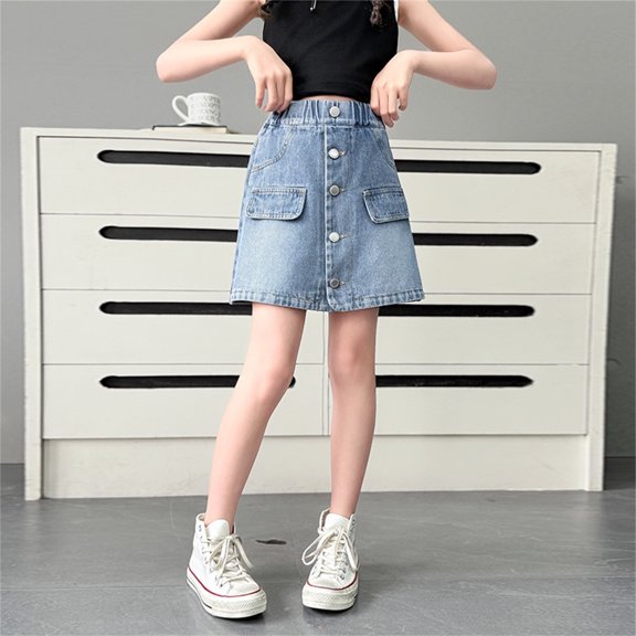 Girls Casual Pants with Stretchy Waistband Soft Everyday Wear Trousers For Toddler Kids Youth Lightweight Button Skirt Style All-Season School Outdoor BasicBlue5-6 Years