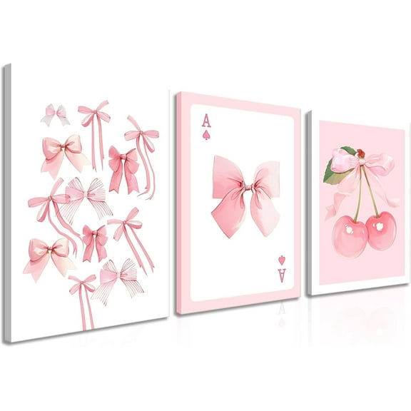 Trendy Preppy Canvas Wall Art Set of 3, Light Blue Bow Picture Wall Decor Paintings, Poker Lucky Coquette Room Posters Prints for Dorm College Apartment Bedroom