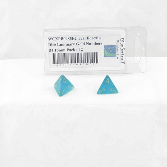 Teal Borealis Dice Luminary with Gold Numbers D4 Aprox 16mm (5/8in) Pack of 2 Wondertrail