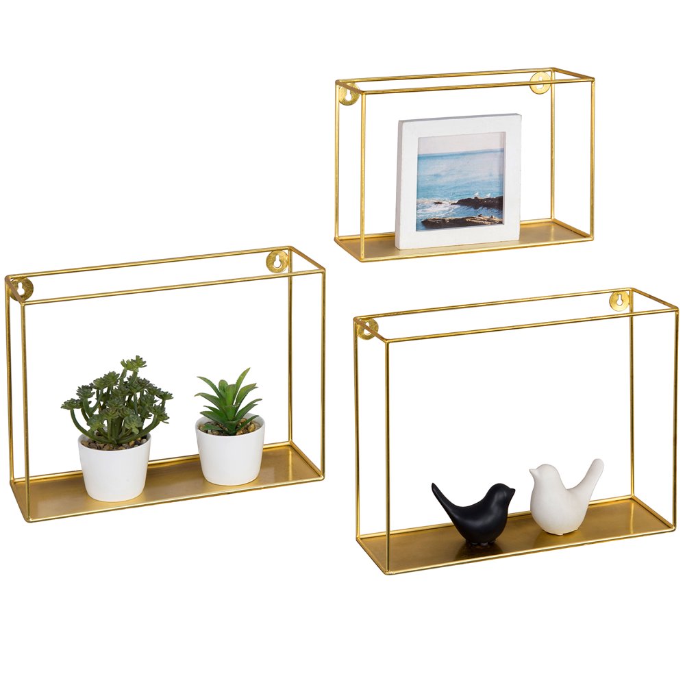 MyGift Wall Mounted Modern Brass finish Metal Floating Shelf / Shadow