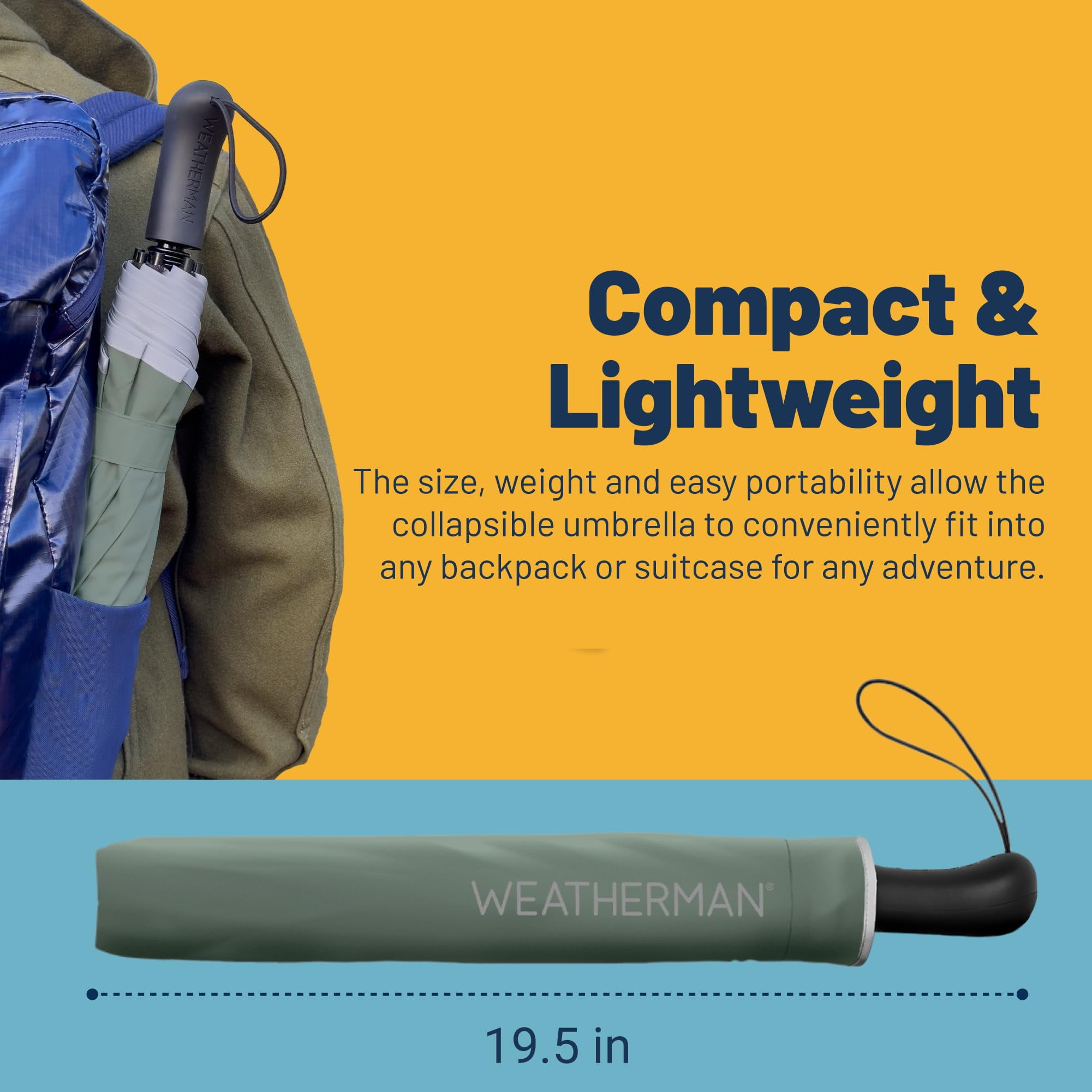 Weatherman Umbrella - Collapsible Umbrella - Windproof Umbrella Resists Up to 55 MPH Winds (Sage)