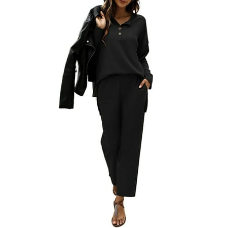 

Haite Sweatsuit Tracksuit for Women 2 Piece Jogger Outfits Ladies Comfy Long Sleeve Pajama Set Sleepwear Nightwear Black L