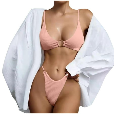 Arnsht 2 Piece Bathing Suits for Women Criss Cross Cut Out Swimsuit Soft Comfort Breathable Triangle High Waisted Cheeky Bikini Set Rose Gold S