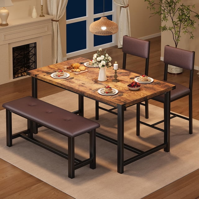 Dining Table Set for 4, Kitchen Table with 2 Upholstered Chairs and Bench, Wood Kitchen Dining Room Set, for Small Space, Apartment, Home, Kitchen, Retro Brown