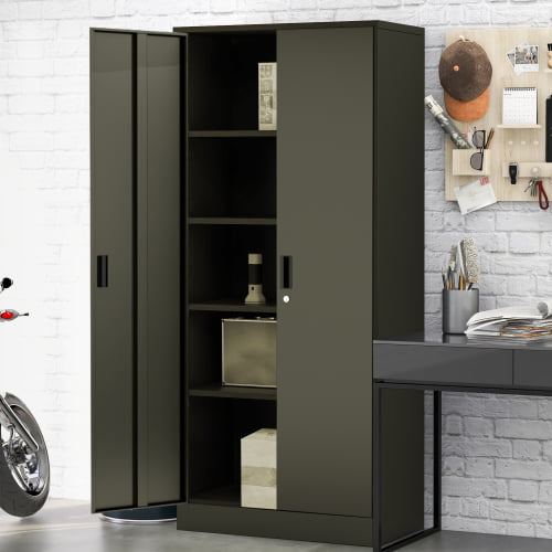 Black Steel Garage Tool Storage Cabinet w/2 Adjustable-Shelf and Lockable Doors 