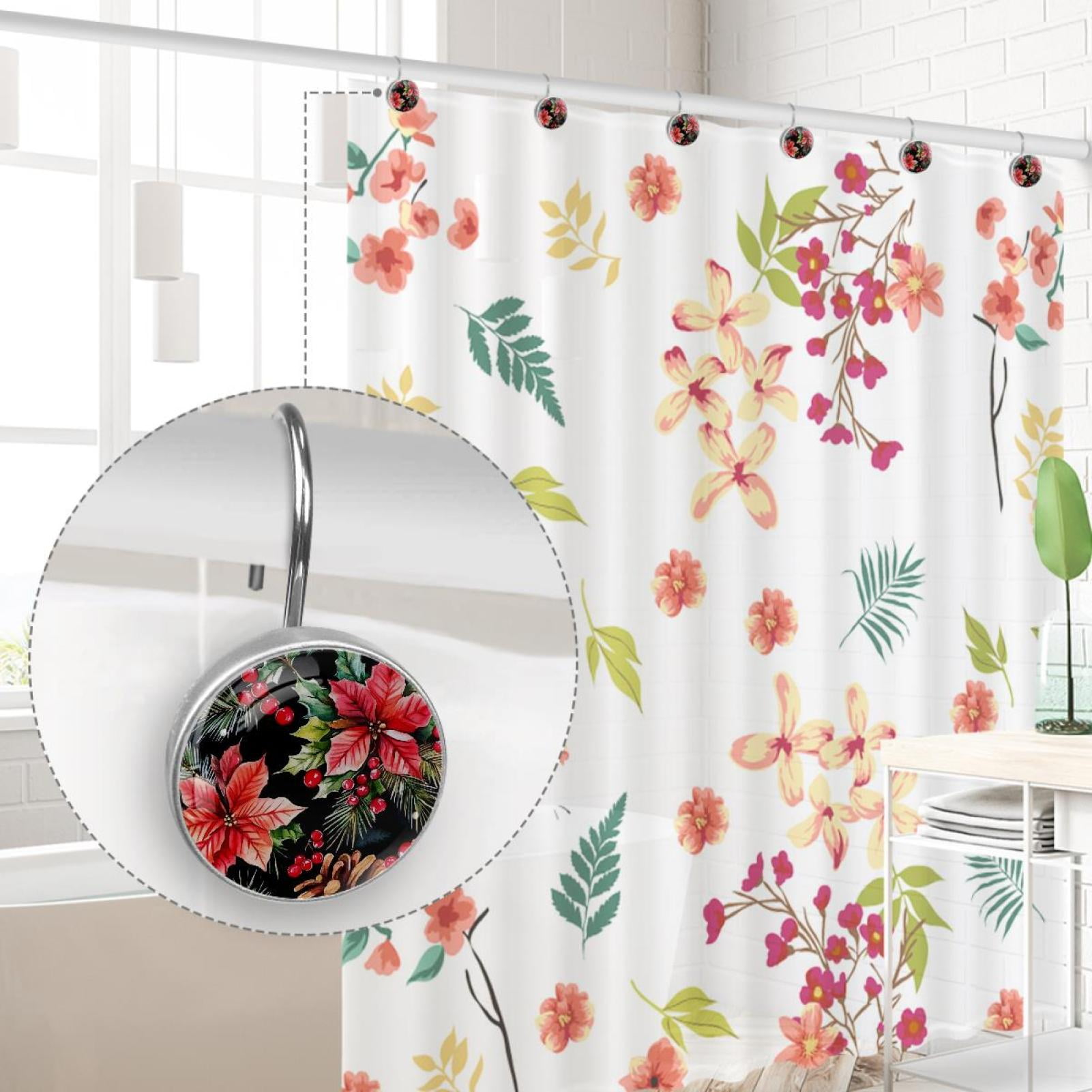 Christmas Poinsettia Flower Red Berry Shower Curtain Hooks Round Crystal Glass, Set of 12 Shower Curtain Rings - Shower Hooks for Curtain Shower Rings