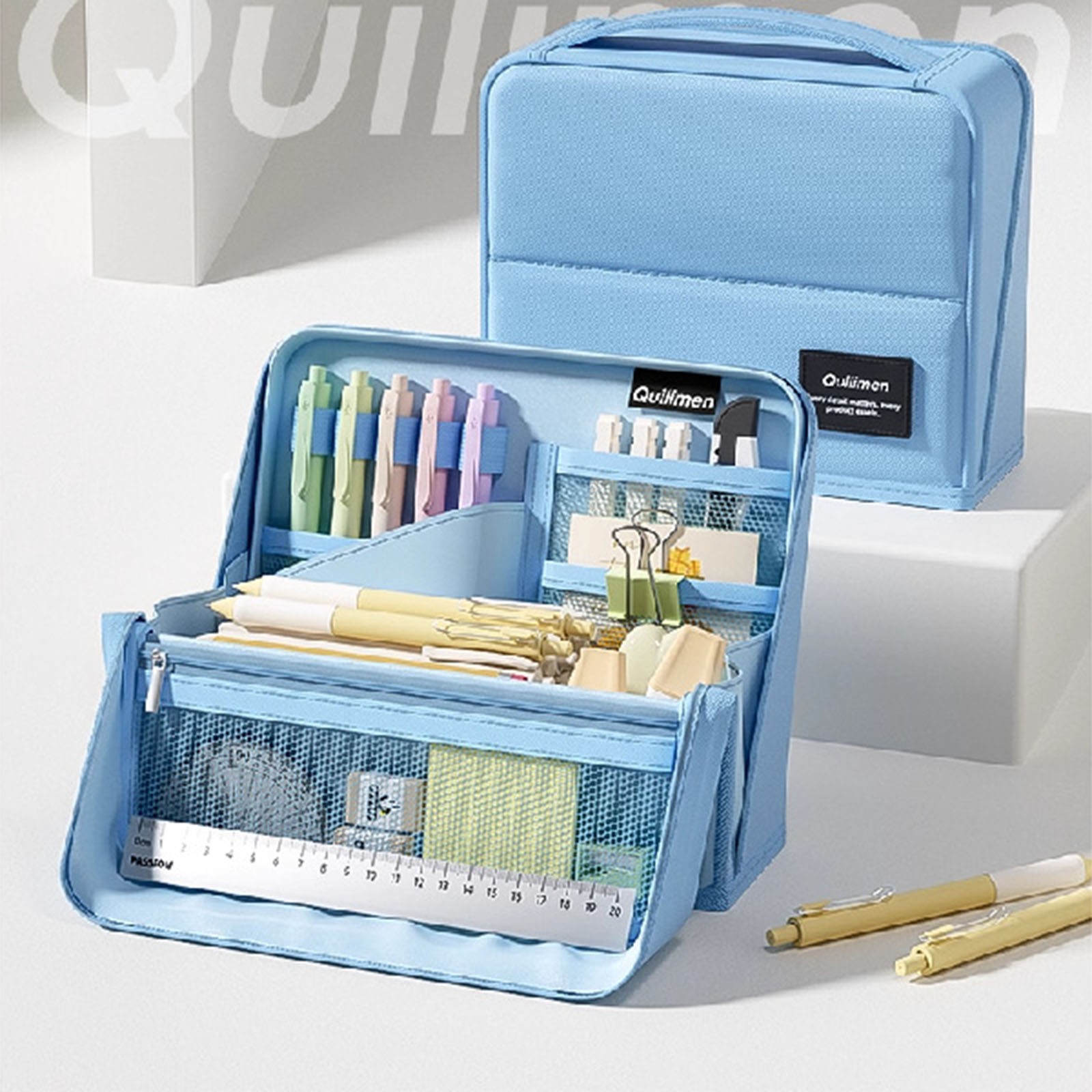 BNNG Standing Pencil Case Large Capacity Zippered Pen Bag, Multi-Layer Pen Pouch Pencil Holder Stationery Organizer, Polyester Pencil Bag Storage Box Desk Organizer