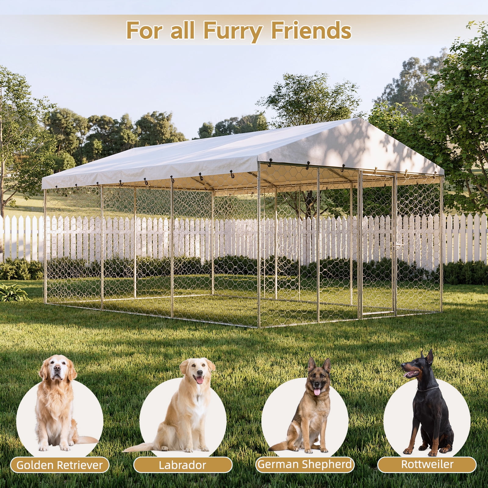 15x10 FT Large Outdoor Dog Kennel with Canopy,Heavy Duty Galvanized Steel,Waterproof Cover,Escape-Proof Lockable Playpen for Large Dogs & Multiple Pets