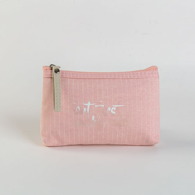 Eco-Friendly Cotton-Linen Women's Zip Pouch with Dotted English Letters - Compact Travel Organizer for Cosmetics, Toiletries & Small Essentials, Lightweight On-the-Go Storage Bag in Pink