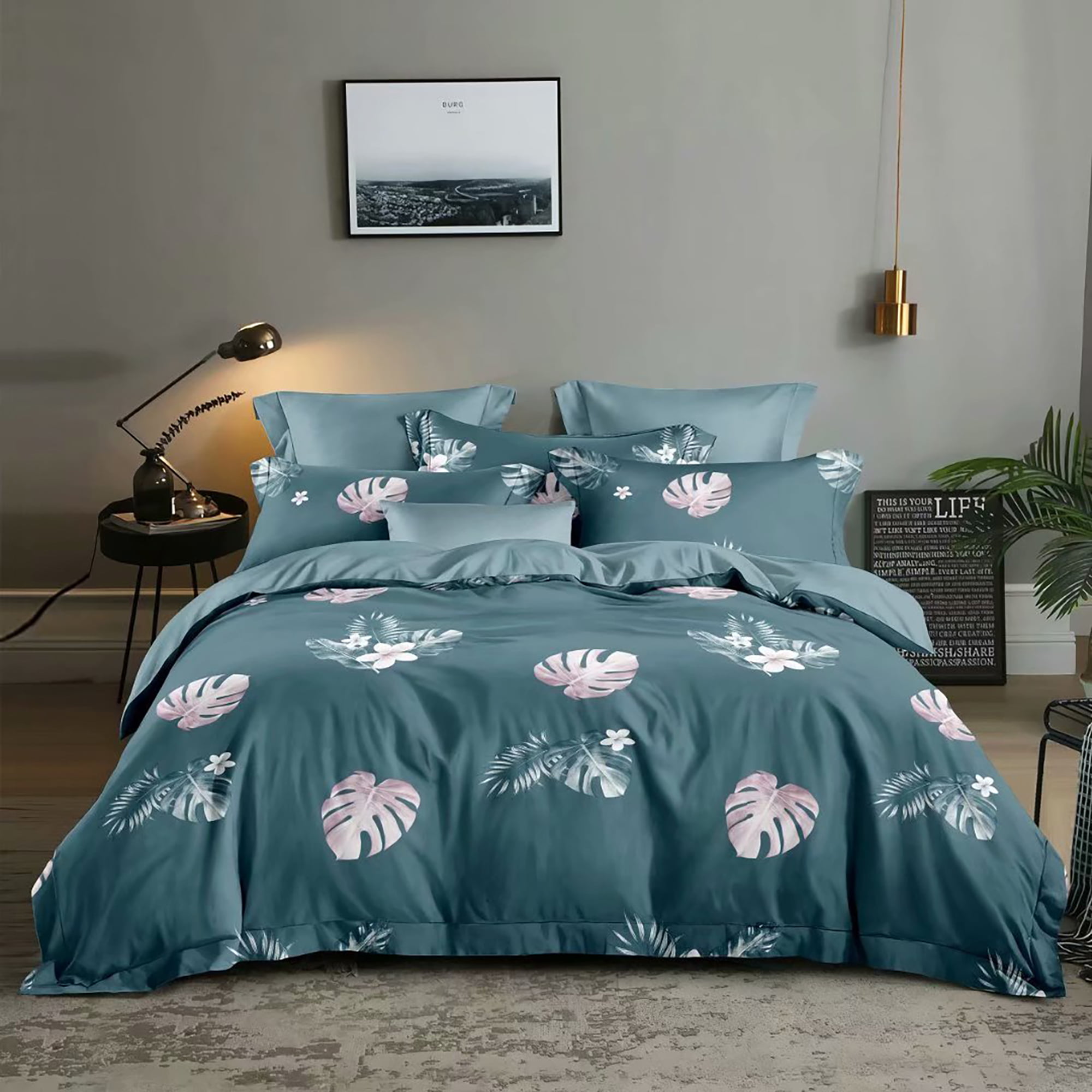 HGmart Bedding Comforter Set Bed In A Bag 5Pcs Microfiber Bedding Sets Blue Leaf 