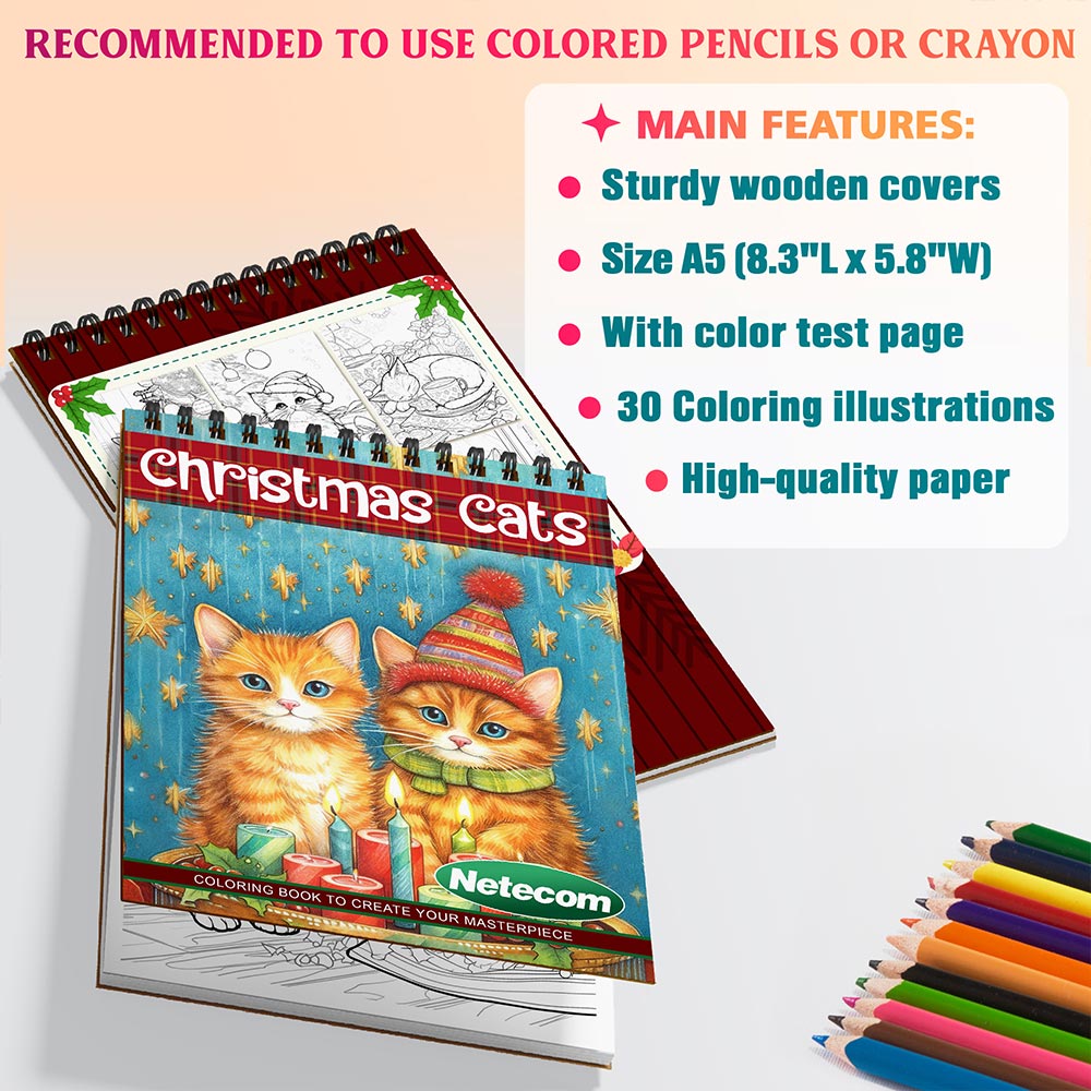 Netecom Christmas Cats Coloring Book Spiral Bound for Adults, A5 Wooden Cover, 30 Playful Coloring Pages of Festive Cats in Holiday for Stress Relief and Relaxation