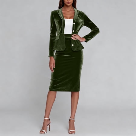 Business Suits for Women Women S Solid Color Velvet Two Piece Set Collared Long Sleeve Skirt Outfit Buttons & Zipper Design Soft Casual Wear for Brunch & Office Army Green M