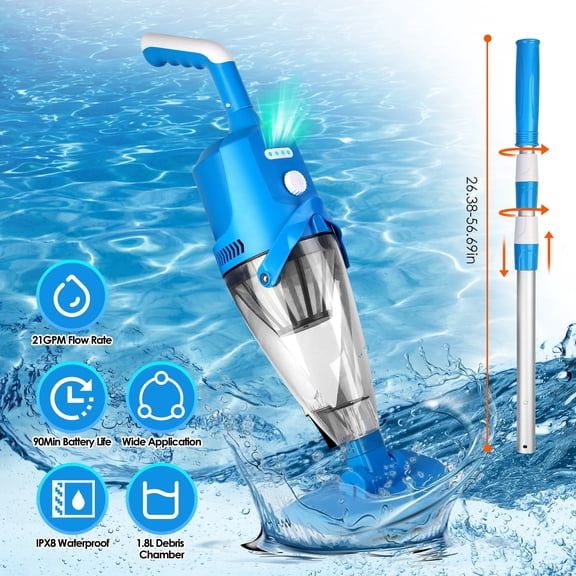 JelyHT Cordless Handheld Pool Vacuum, IPX8 Waterproof with Telescopic Pole, 21 GPM Suction & 90 Min Runtime for Swimming Pools, Blue