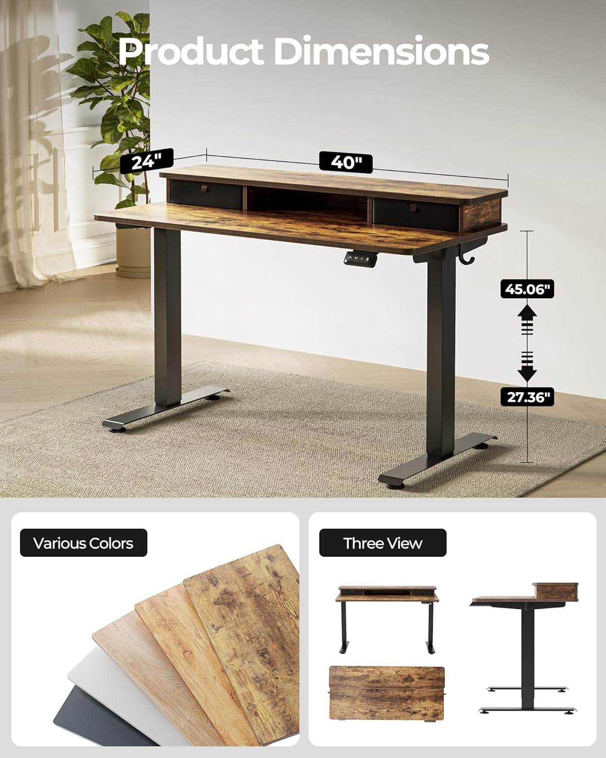 FEZIBO 40 x 24 Inch Height Adjustable Electric Standing Desk with Double Drawer, Computer Desk, Home Office Stand Up Table with 4 Height-Adjustable Feets & 2 Hooks, Rustic Brown