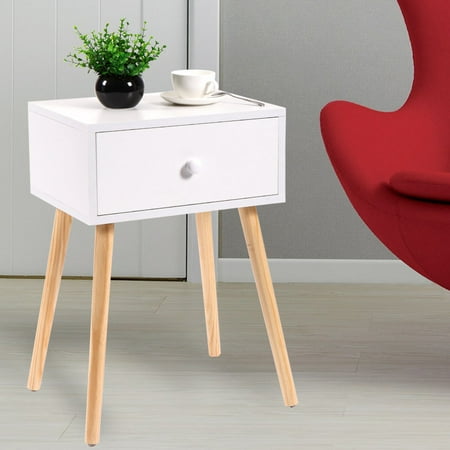 Jaxpety Bedside End Table Wood Nightstand Storage Coffee Tea Table With Drawer Modern Living Room Furniture,White