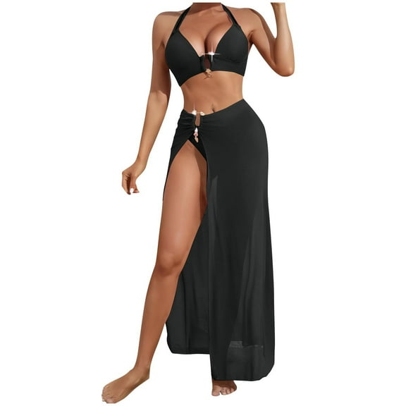 WREESH Women's 3-Piece Halter Bikini Set Chiffon Sarong Cover-Up & Sheer Beach Swimwear 2025 Black