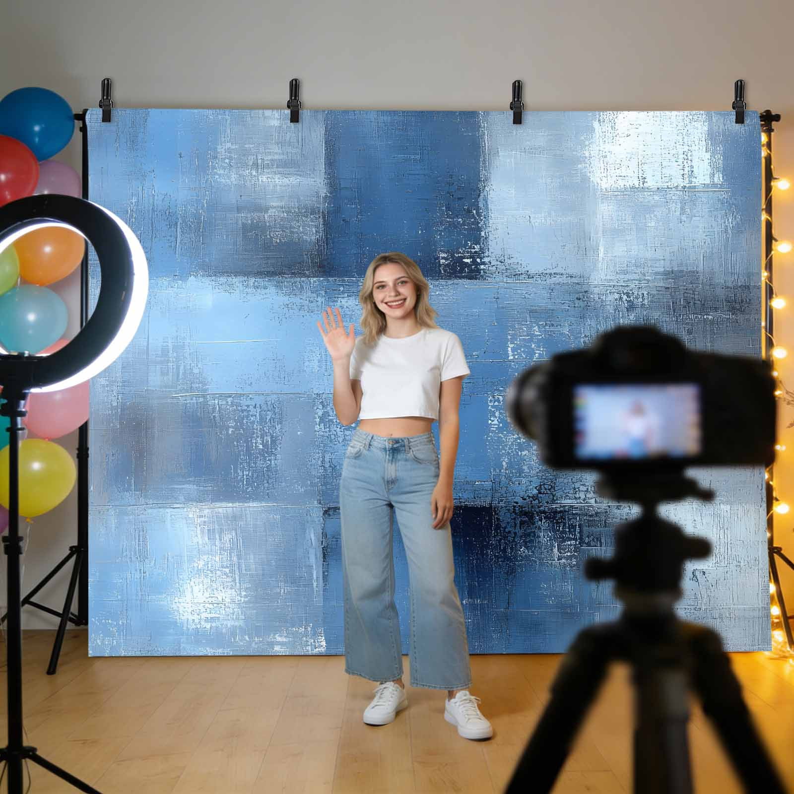 Blue Backdrop for Photography,Fabric Photo Background Backdrop,Ombre Oil Painted Retro Abstract Art Modern Photo Booth Background for Portrait Photoshoot Video Wedding Studio Decoration Banner 7x5ft