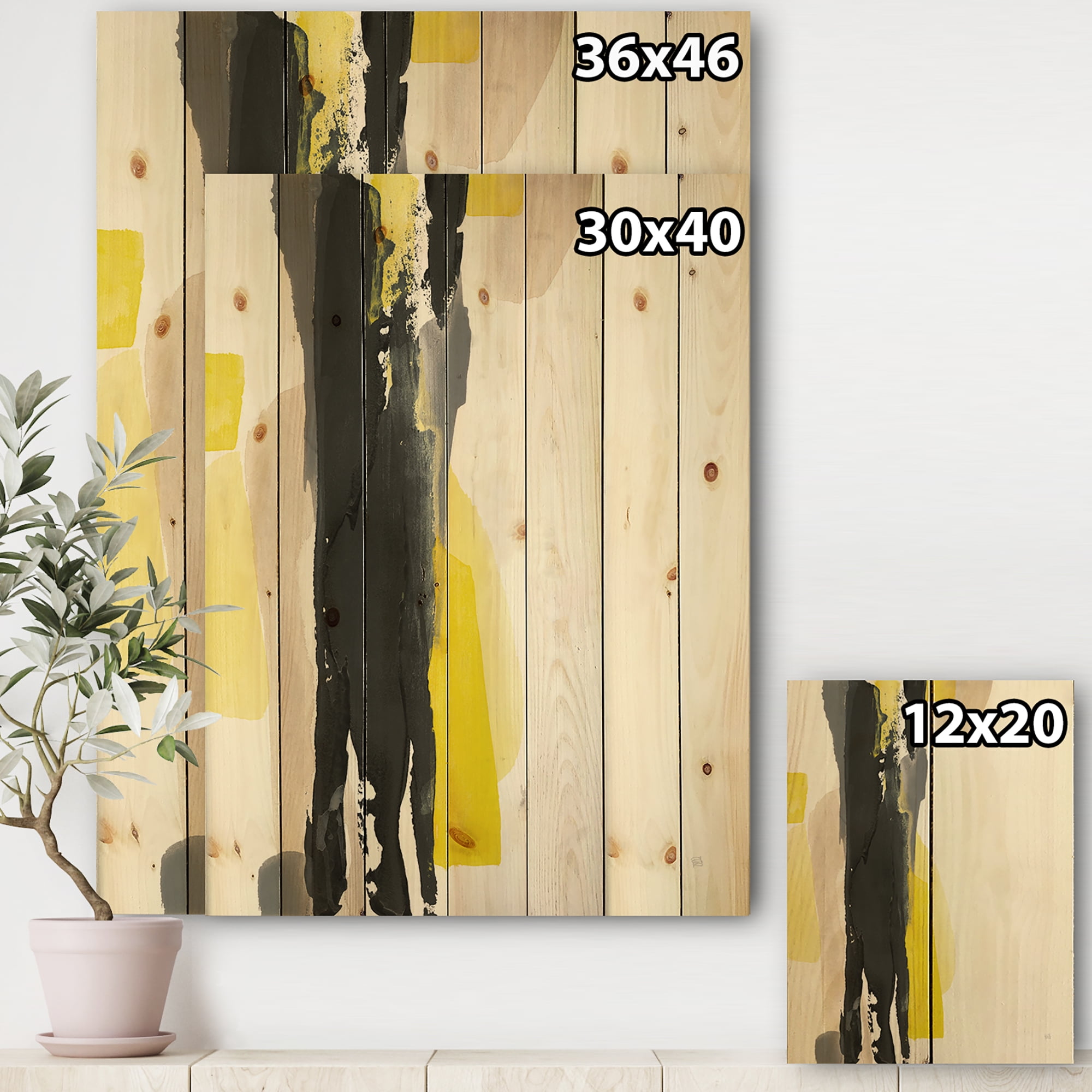 Designart 'Glam Yellow and Black II' Modern & Contemporary Print on Natural Pine Wood
