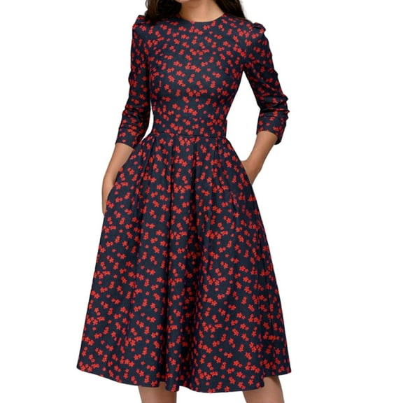 Winter Fall Dresses for Women Wedding Guest 3/4 Sleeve Floral Vintage Dress Elegant Midi Evening Dress