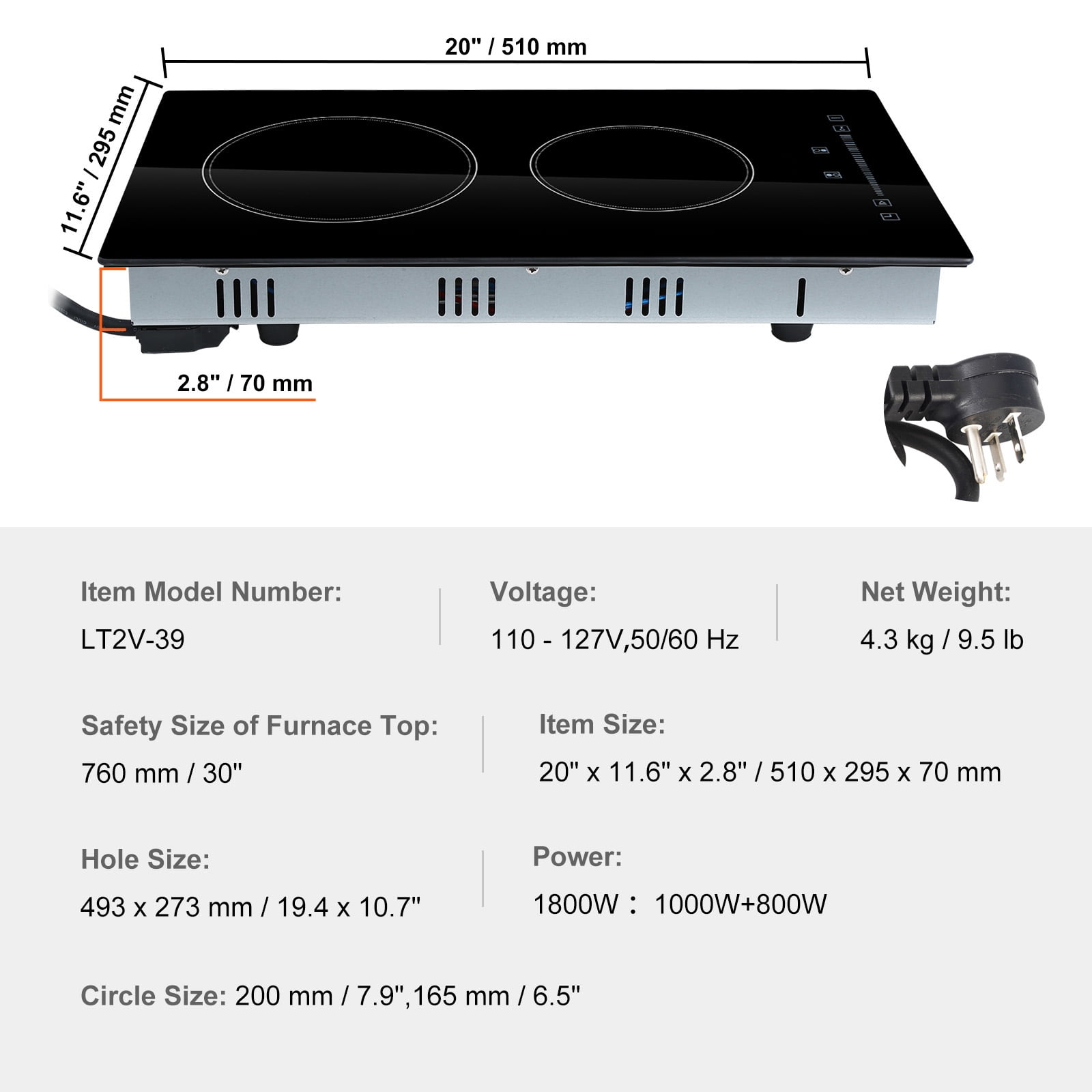 SKYSHALO Built-in Electric Cooktop Radiant Ceramic Cooktop 2 Burners 11.6x20 inches