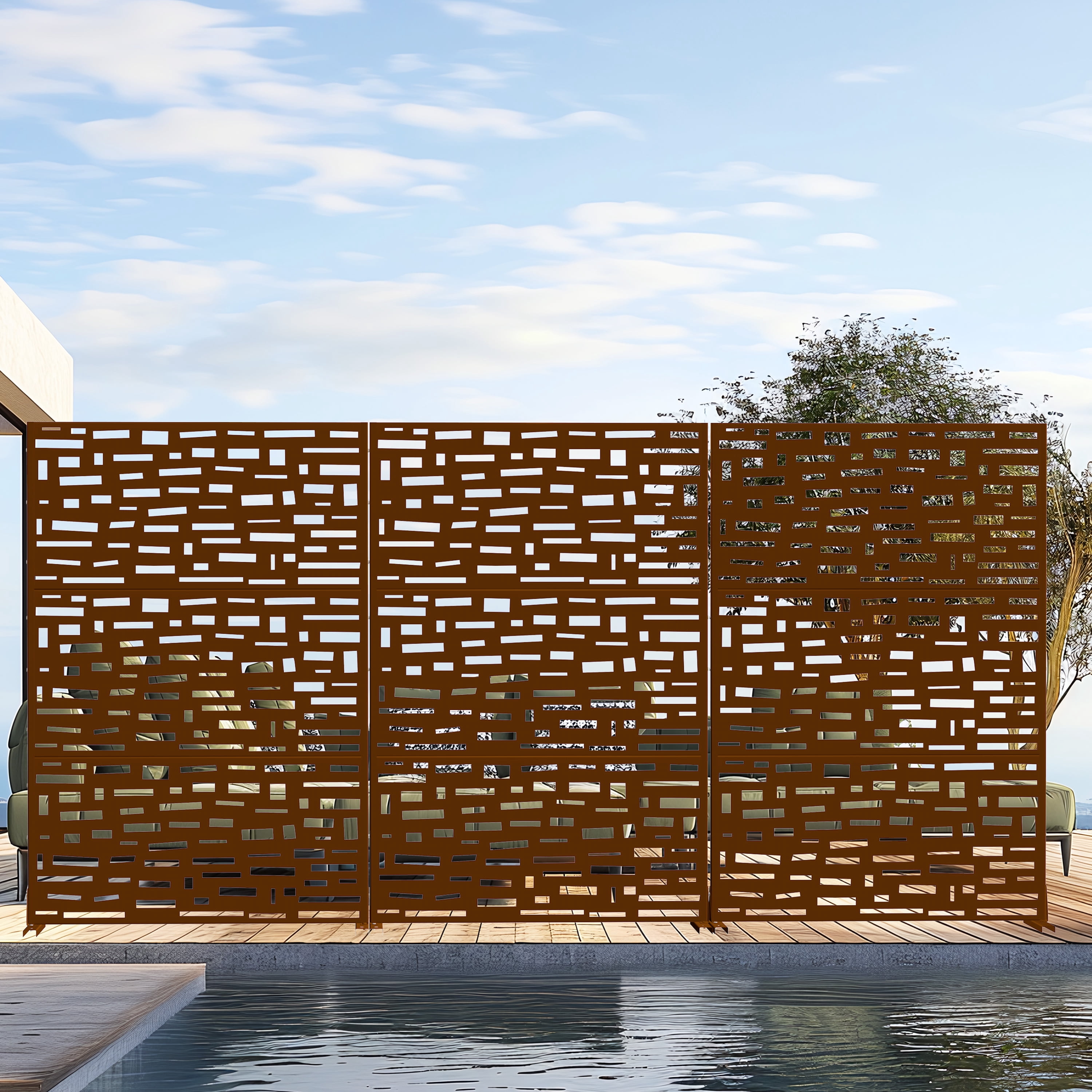MAYEERTY 72×47" Outdoor Brown Metal Privacy Panel Screen for Backyard & Garden, Wide Street Pattern