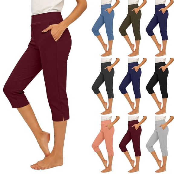 Capris For Women With Pockets Golf Pants 7/8 High Waisted Stretch Pull On Ankle Business Casual Travel Athletic Work Wine 2XL