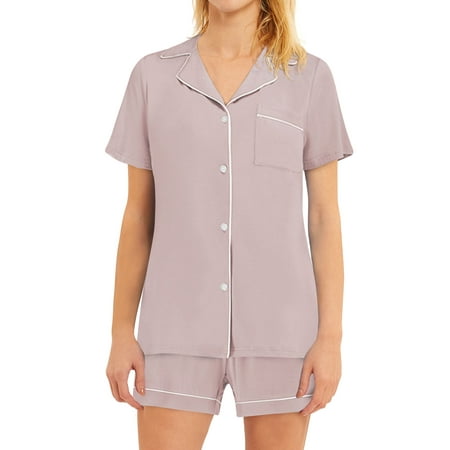 

GESJQFZ Women Lapel V Neck Buttons Solid Color Pocket Pajama Shorts Nightwear Set