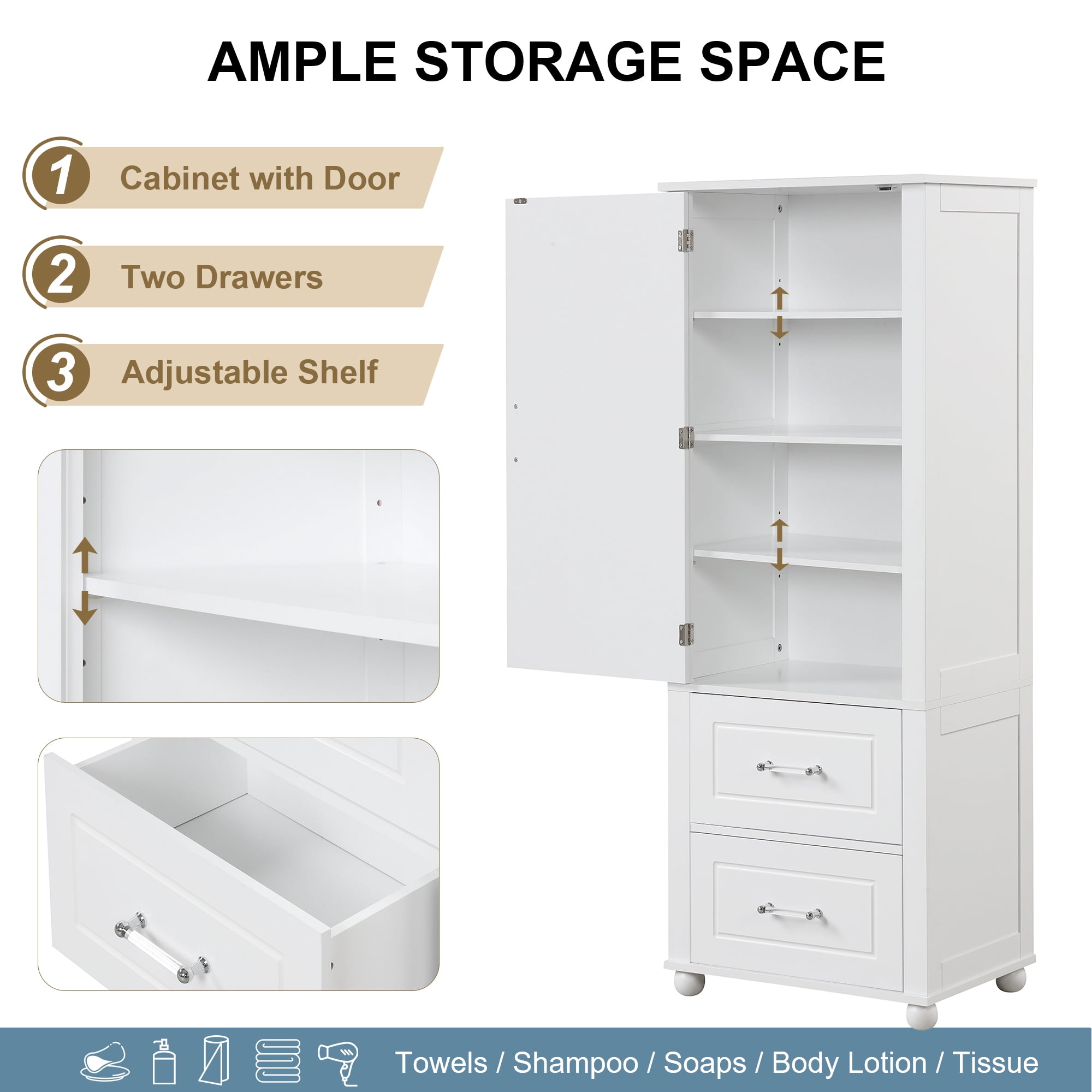 EUROCO 61.4'' Tall Bathroom Storage Cabinet, MDF Board Floor Storage Cabinet with Door, 2 Drawers and Adjustable Shelf, Freestanding Cabinet with Painted Finish for Bathroom, Living Room, White