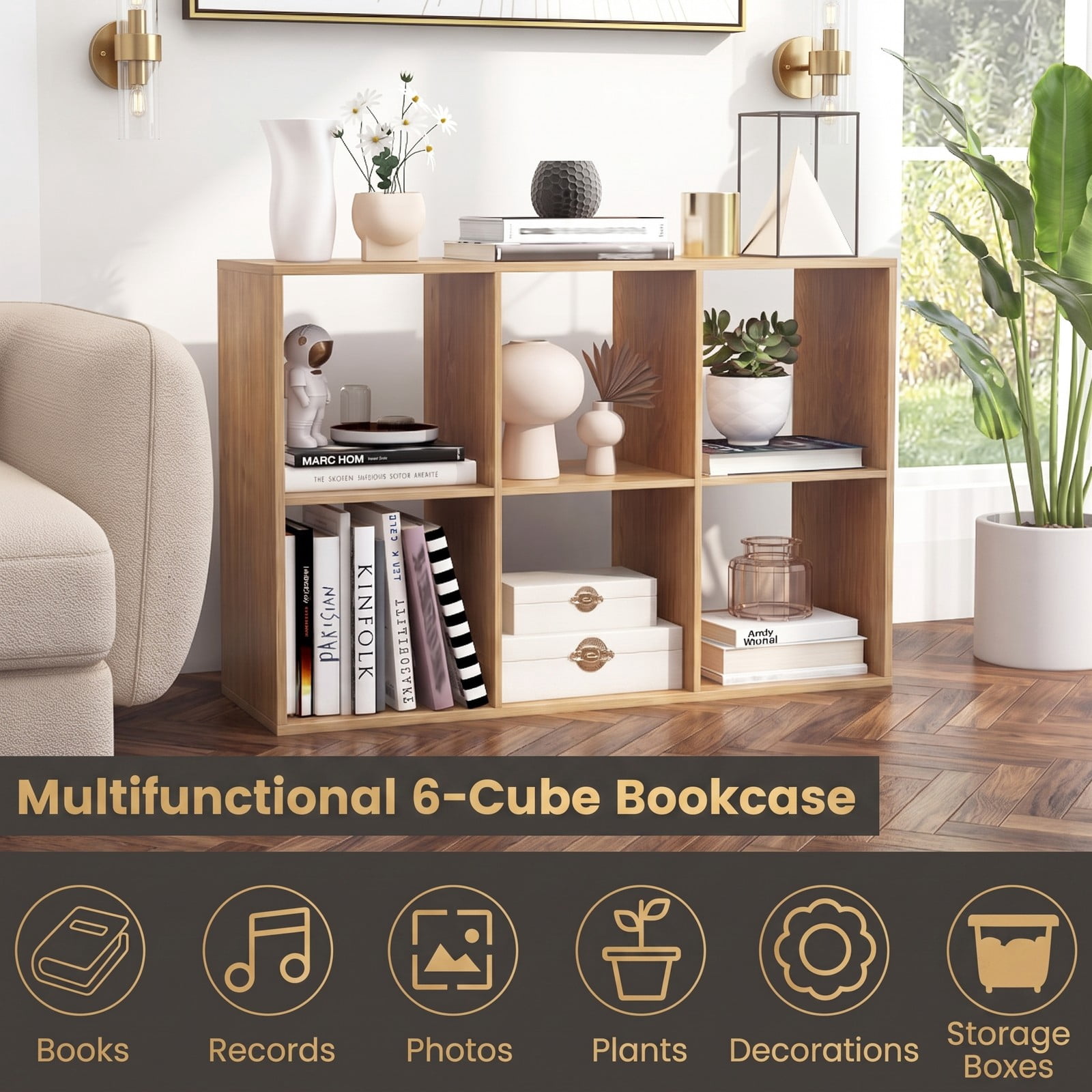 Furnibear 6 Cube Bookshelf, Wood Cube Storage Organizer with Back Guardrail and Anti-Tip Kit, Freestanding Display Bookcase for Living Room Bedroom Home Office, Natural