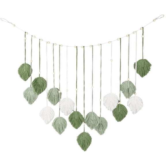 Macrame Leaf Wall Hanging Decor 47.24" Polyester Boho Rustic Natural Green Plants Leaves Woven Tapestry Tassels Wood Beads Garland with Hanger for Nursery Bedroom Living Room Art Decoration Green