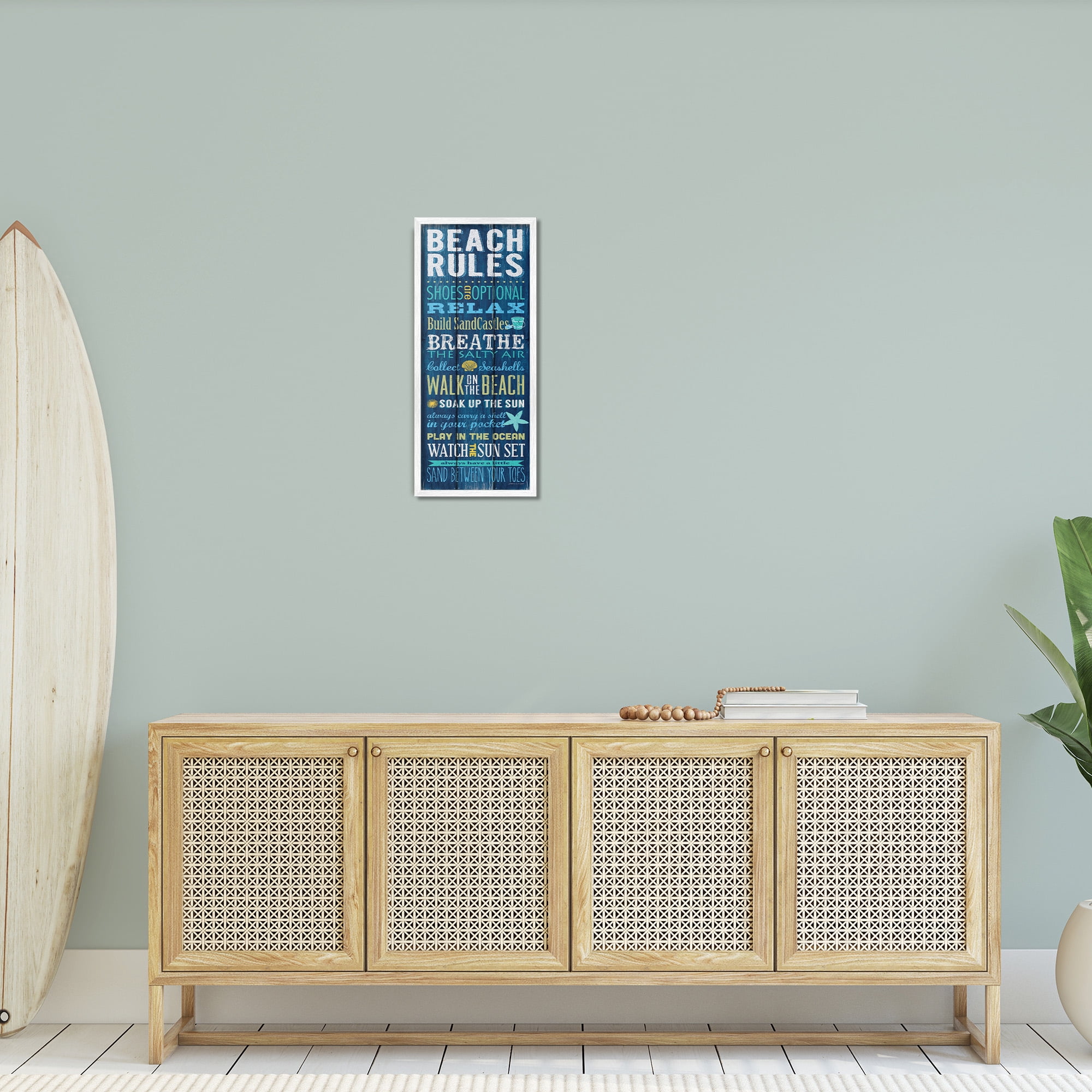 Stupell Industries Beach Rules Relax Breathe Typography Painting White Framed Art Print Wall Art, 10 x 24