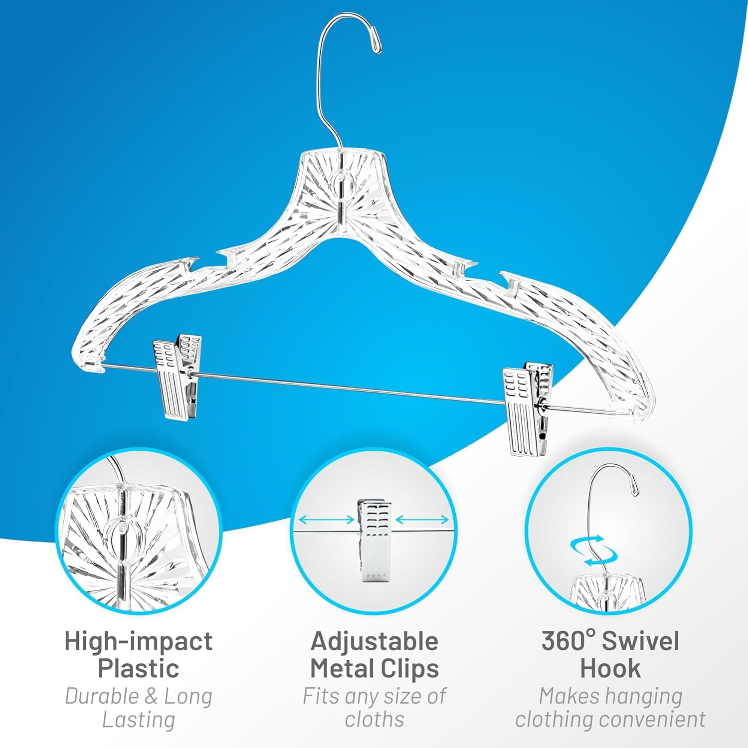 HARDW Clear Plastic Heavy Duty Clothes Hangers with Adjustable Clips - Crystal Clear Plastic Hanger, Durable Adult Hangers for Skirts, Pants, and More - Pack of 12