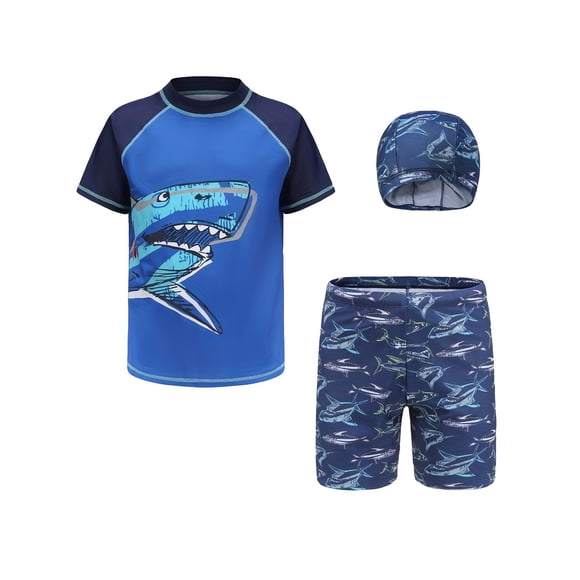 Boys Casual Trendy Cute Cartoon Shark Graphic Stitching T-shirt & Trunks Set Swimsuit For Summer Holiday Outdoor Swimming