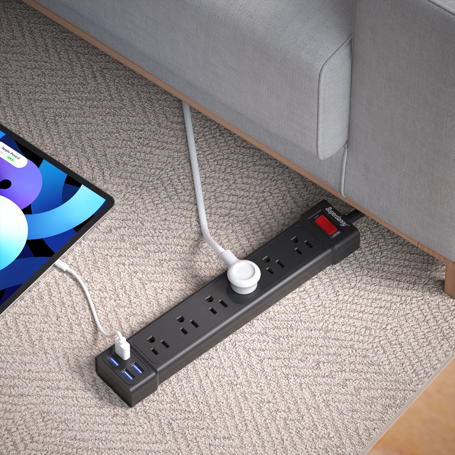 SUPERDANNY Surge Protector Power Strip with USB Ports 6AC Outlets Extender 4ft Wall Mountable