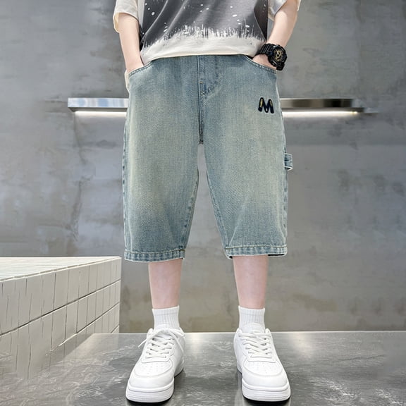 UACY Jean Shorts for Boys Baggy Embroidery Elastic Waist Fashion Cargo Jeans Straight Leg Loose Fit Outdoor Casual Jorts (Blue, 13-14 Years)
