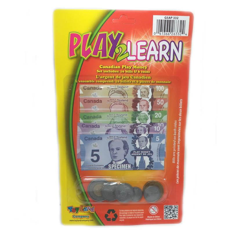 G5AP 332 CANADIAN PLAY MONEY BILLS AND COINS SET 10 BILLS AND 6 COINS