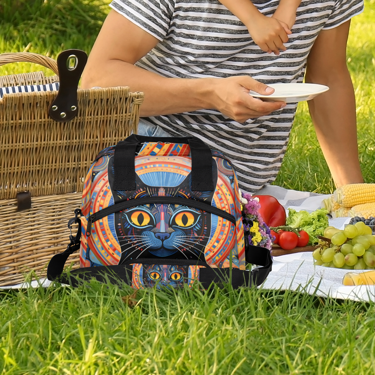 Herdesigns Boho Cat Insulated Lunch Bag for Women Men Adults Large Reusable Lunch Box Ethnic Cat Leakproof Cooler Tote Bags with Adjustable Shoulder Strap