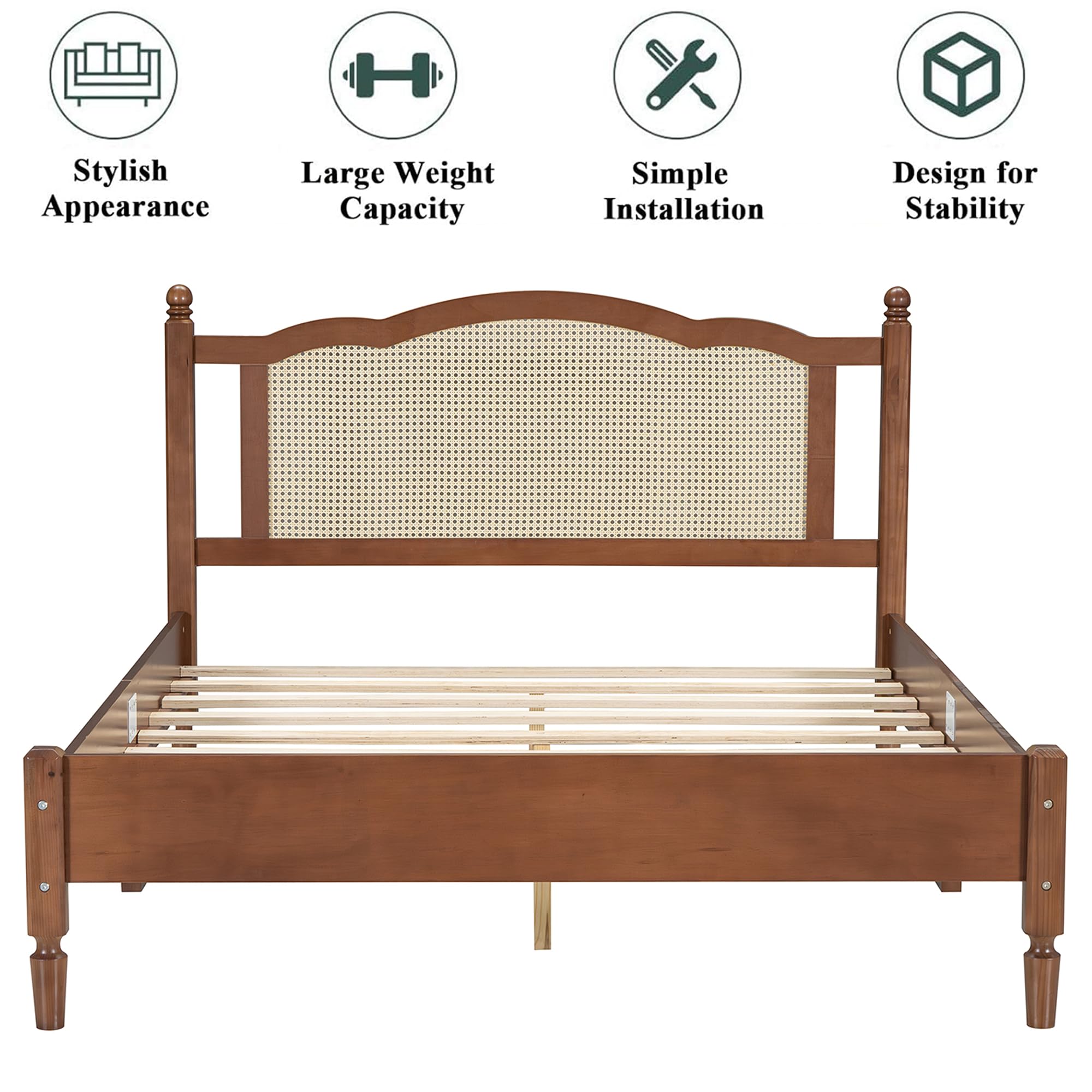 Aukfa Solid Wood Queen Size Bed Frame with Natural Rattan Headboard, Walnut