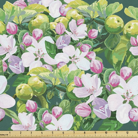 Botanical Fabric by the Yard, Summer Revival Flourishing Lily Petal Buds Beauty Damask Leaves Pattern, Upholstery Fabric for Dining Chairs Home Decor Accents, Lilac Green and Pink by Ambesonne