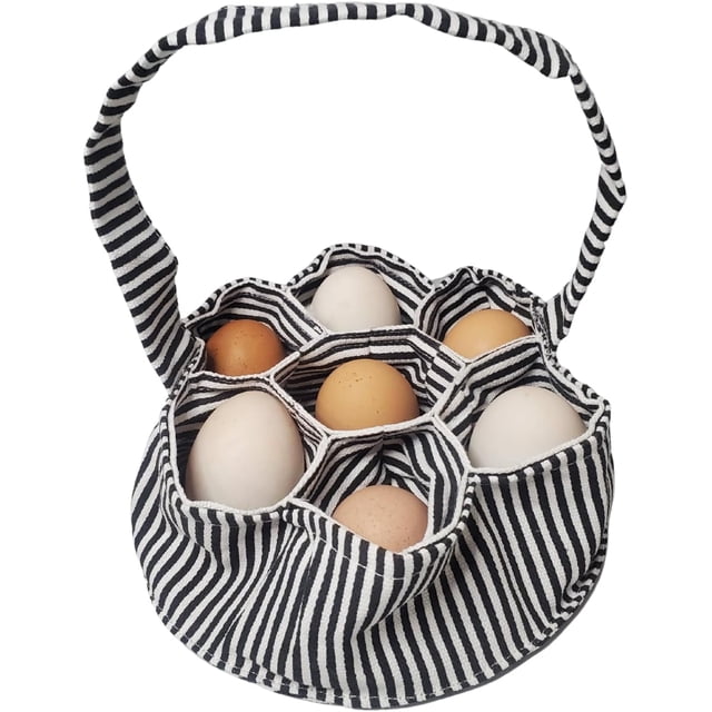 Xiao Hua 2 cestas de tela para huevos frescos, con 7 bolsas para huevos de gallina, pato y codorniz. Diseño rústico a rayas con asa.